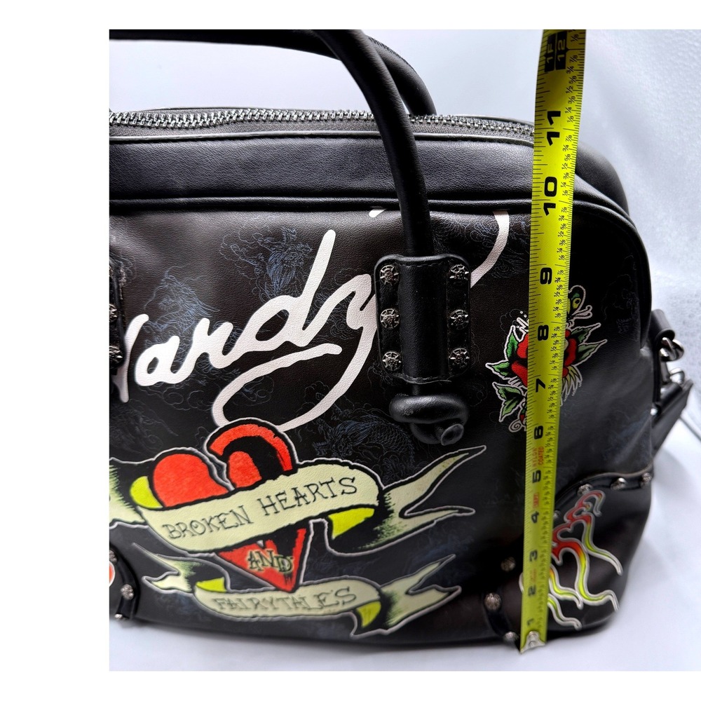 Ed Hardy Black Tattoo Satchel Broken Hearts Fairytales Crossbody Bag Studded - Picture 12 of 16